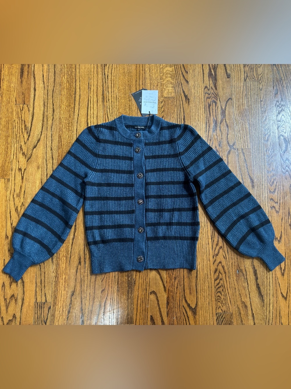 WHO WHAT WEAR Blue/Black Striped Knit Crew Neck Cardigan Jeweled Buttons Size M